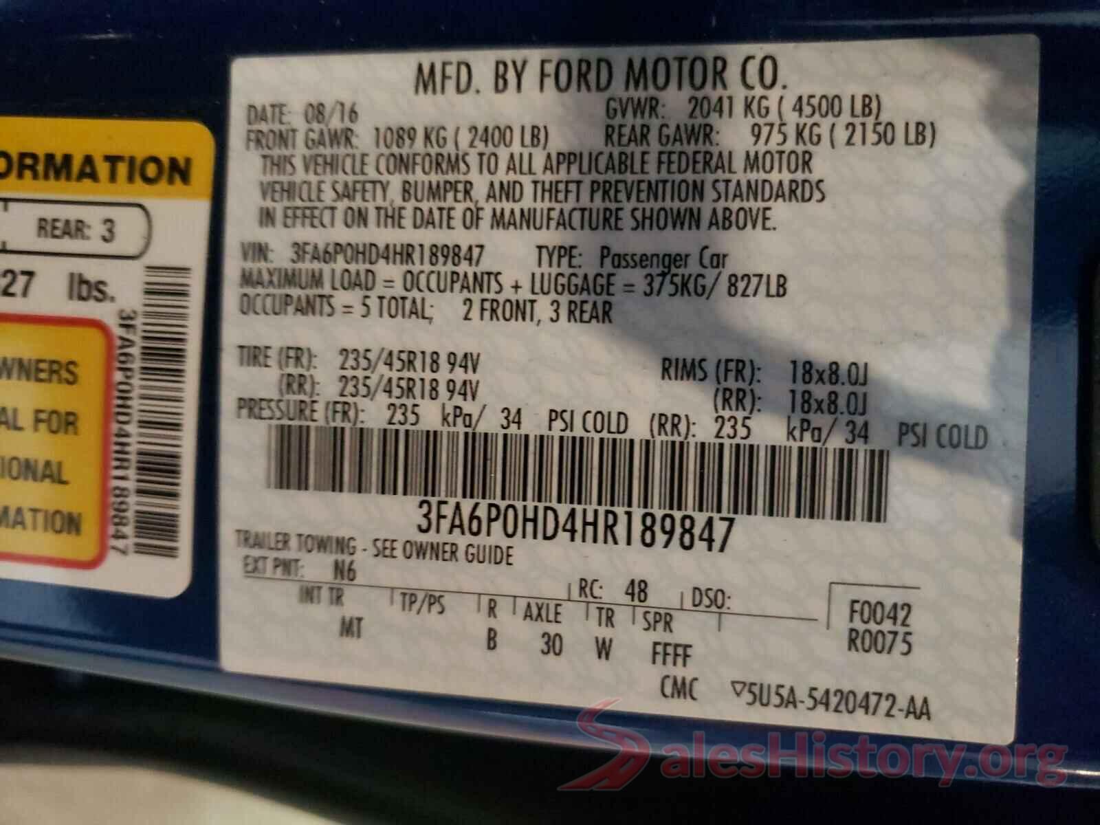 3FA6P0HD4HR189847 2017 FORD FUSION