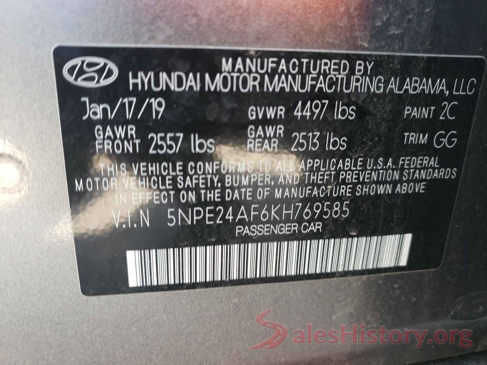 5NPE24AF6KH769585 2019 HYUNDAI SONATA