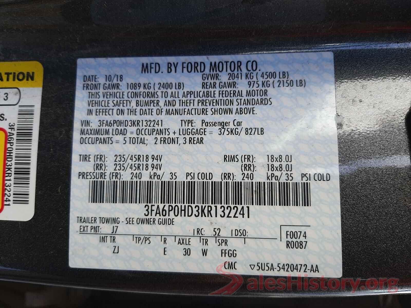 3FA6P0HD3KR132241 2019 FORD FUSION