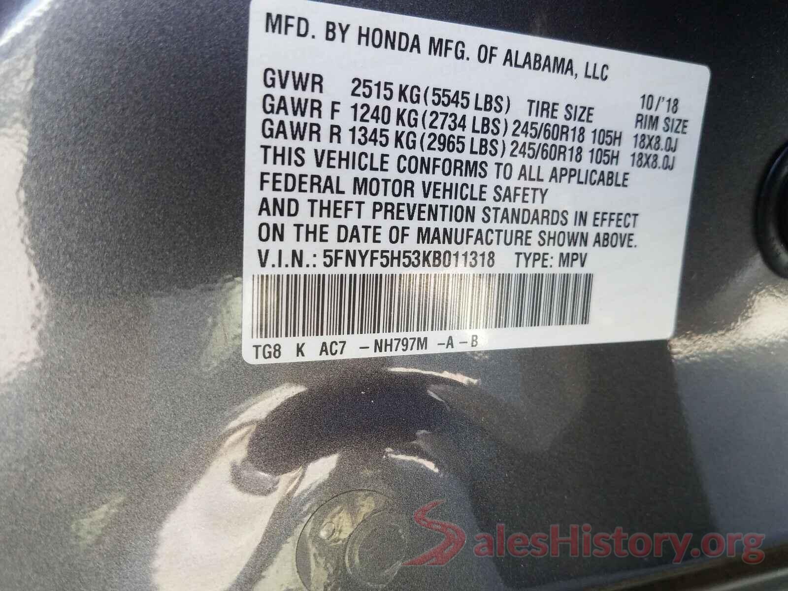 5FNYF5H53KB011318 2019 HONDA PILOT