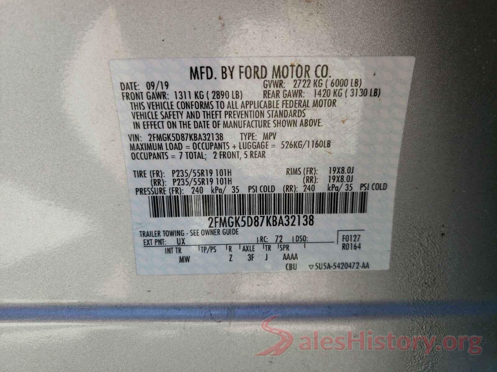 2FMGK5D87KBA32138 2019 FORD FLEX