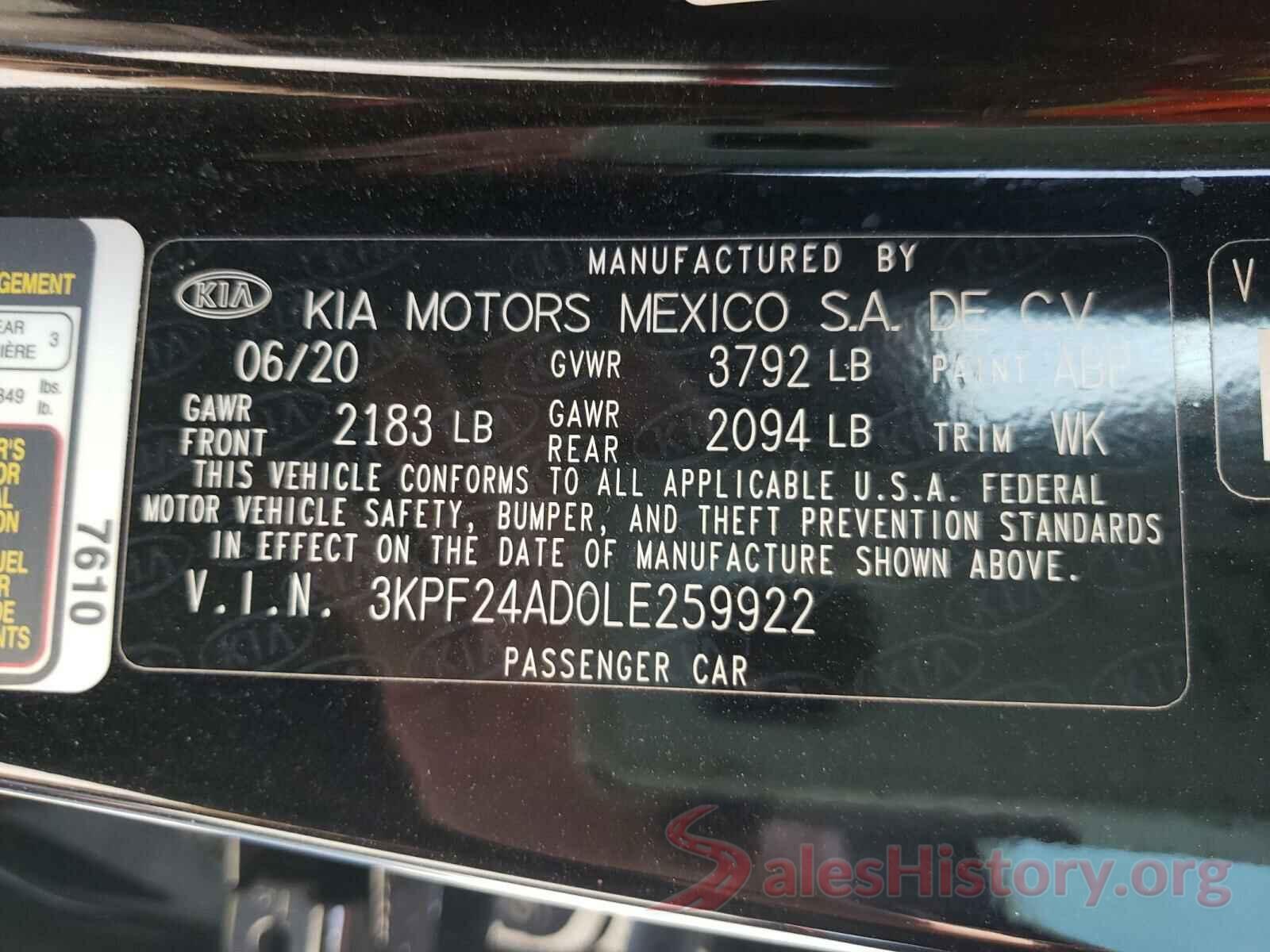 3KPF24AD0LE259922 2020 KIA FORTE