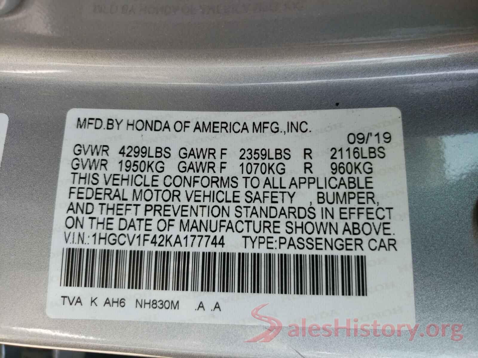 1HGCV1F42KA177744 2019 HONDA ACCORD