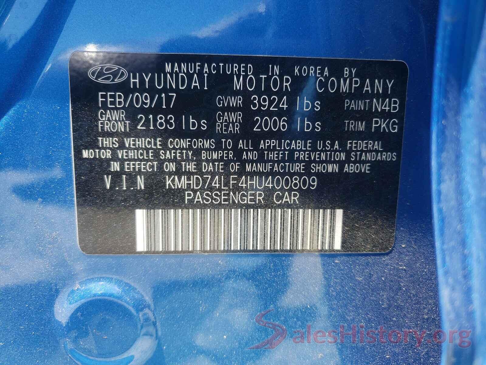 KMHD74LF4HU400809 2017 HYUNDAI ELANTRA