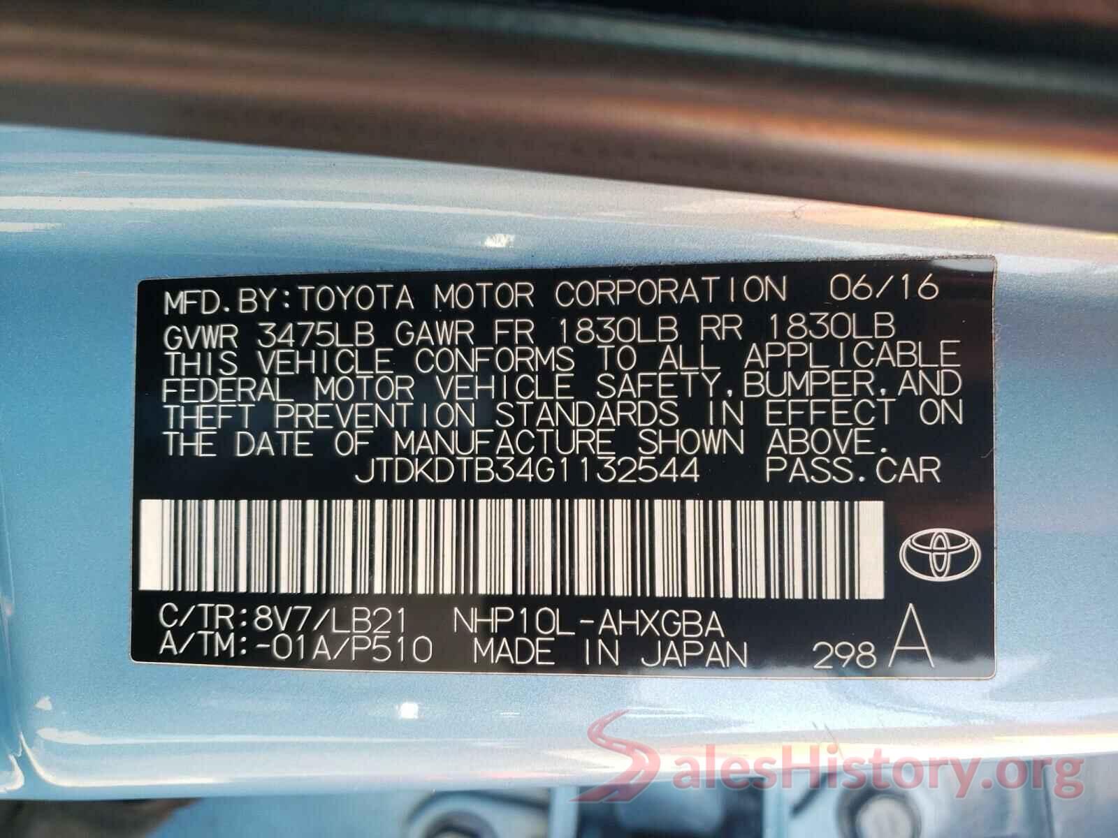 JTDKDTB34G1132544 2016 TOYOTA PRIUS