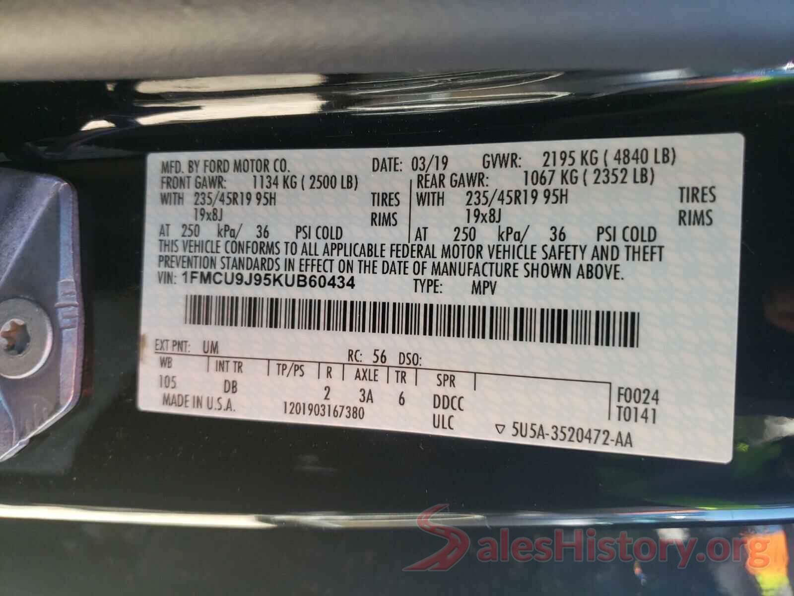 1FMCU9J95KUB60434 2019 FORD ESCAPE