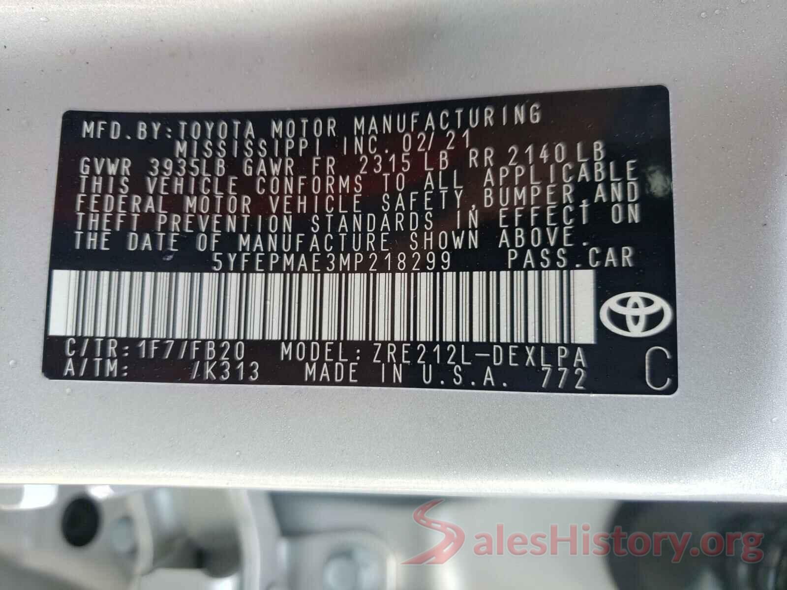 5YFEPMAE3MP218299 2021 TOYOTA COROLLA