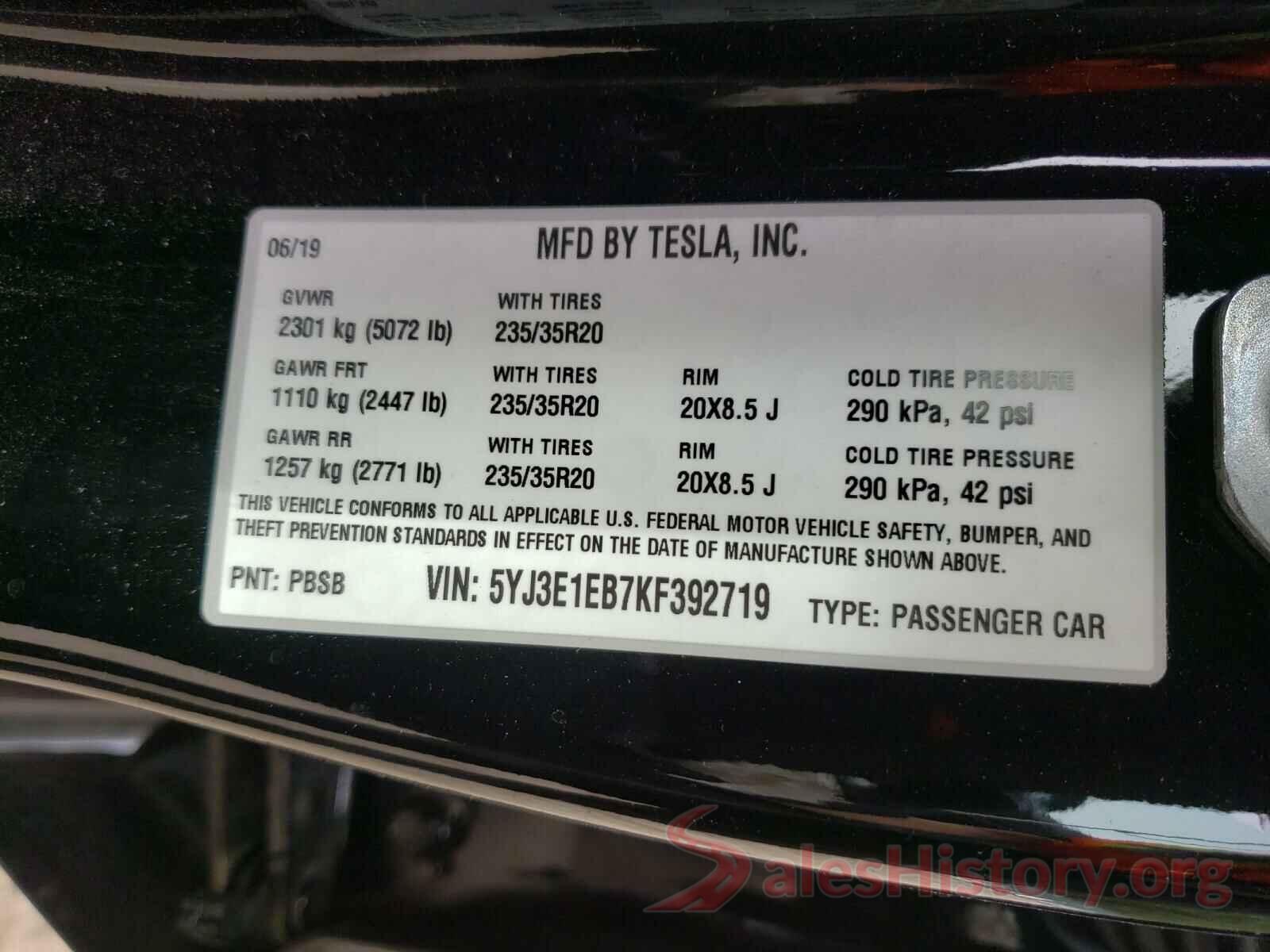 5YJ3E1EB7KF392719 2019 TESLA MODEL 3