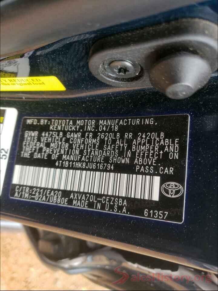 4T1B11HK8JU616794 2018 TOYOTA CAMRY