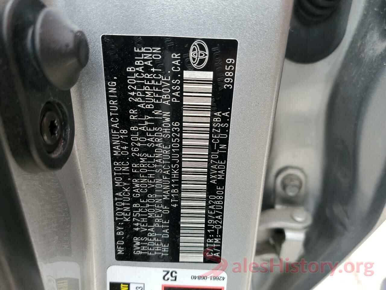 4T1B11HK5JU105236 2018 TOYOTA CAMRY