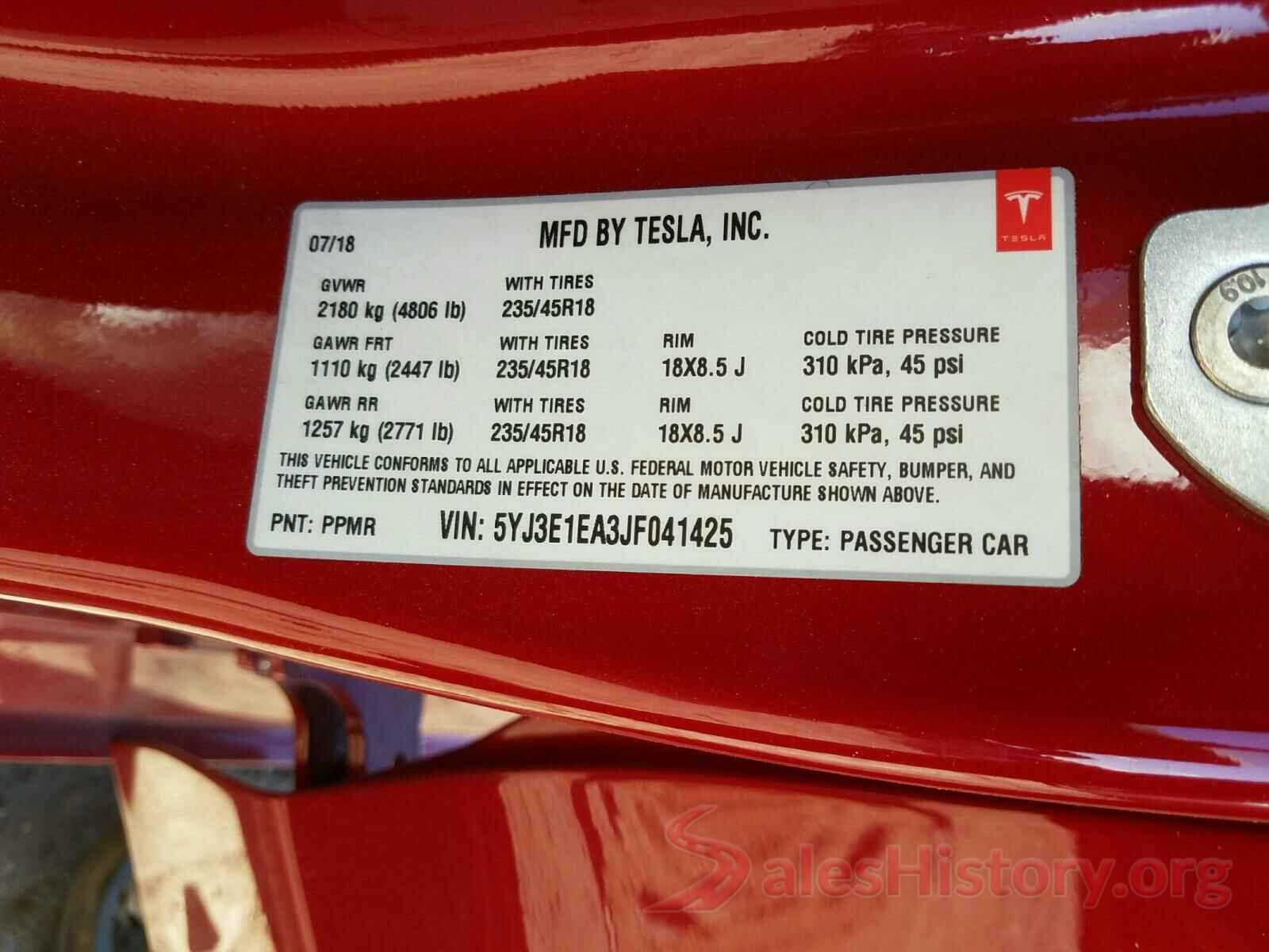 5YJ3E1EA3JF041425 2018 TESLA MODEL 3