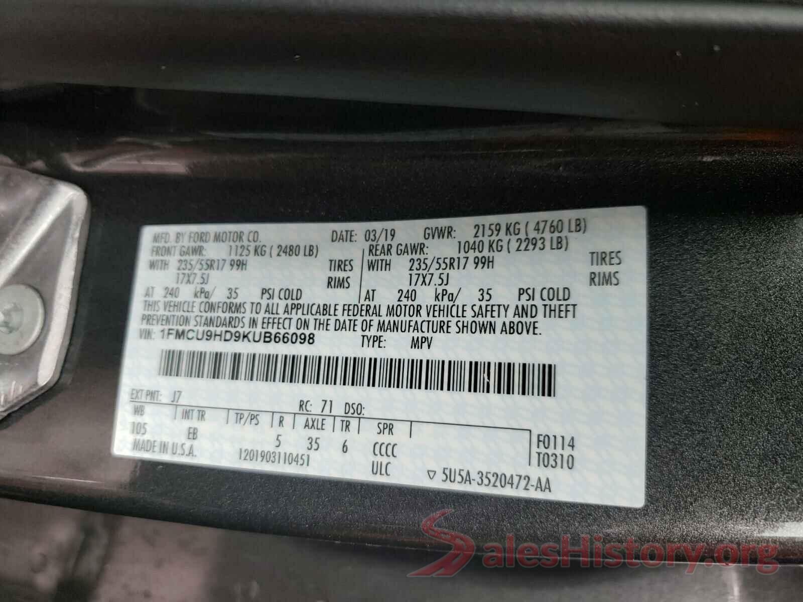 1FMCU9HD9KUB66098 2019 FORD ESCAPE