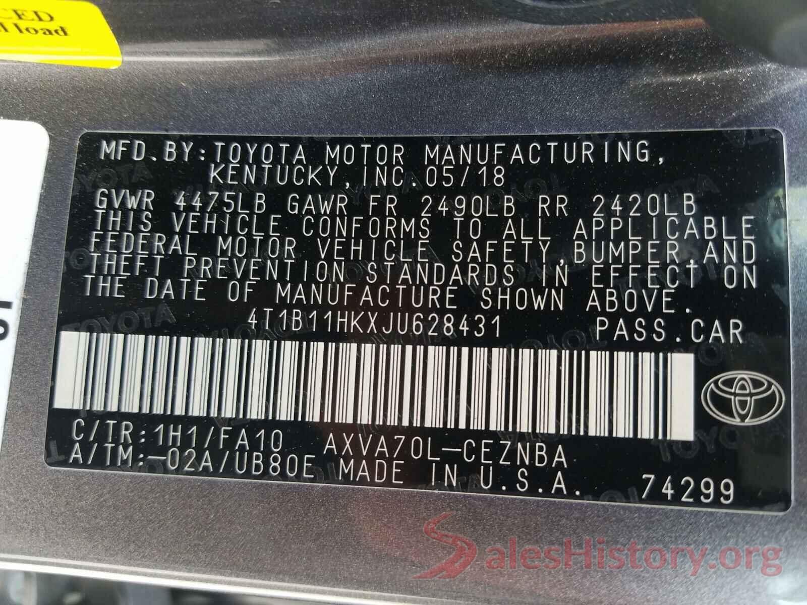 4T1B11HKXJU628431 2018 TOYOTA CAMRY