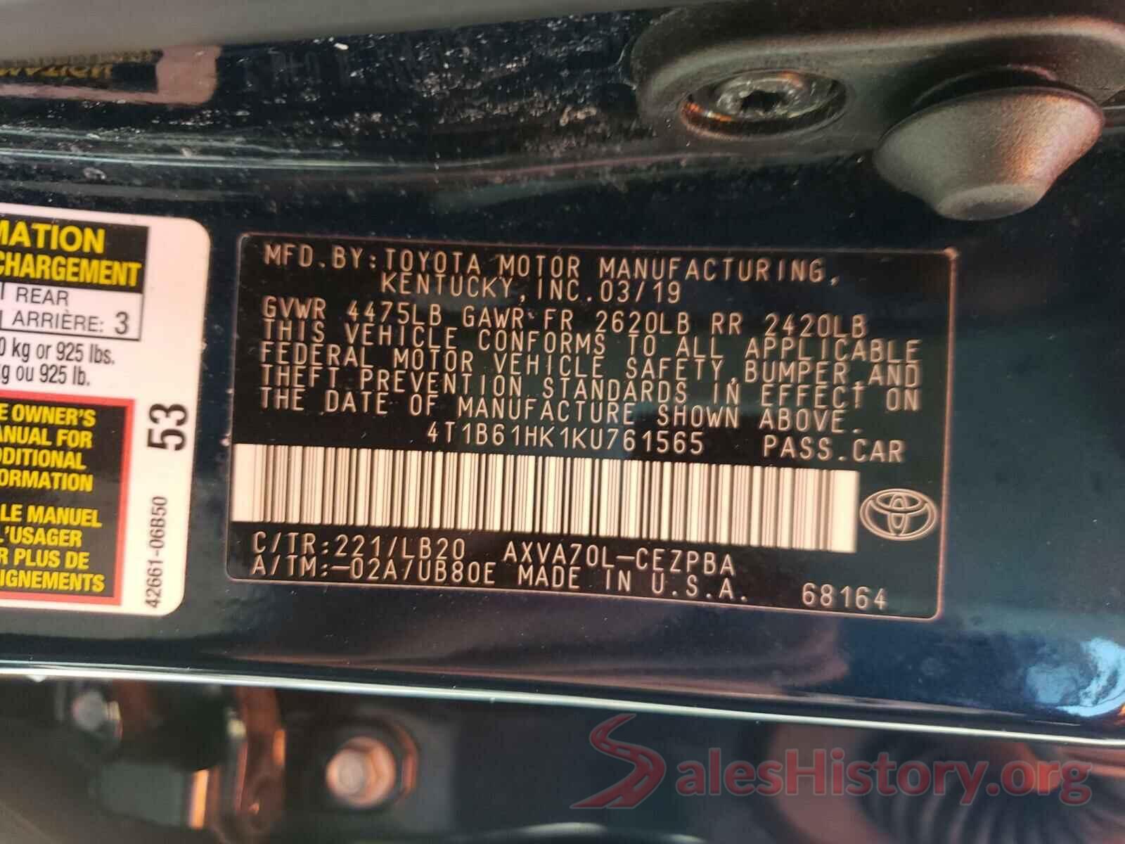 4T1B61HK1KU761565 2019 TOYOTA CAMRY