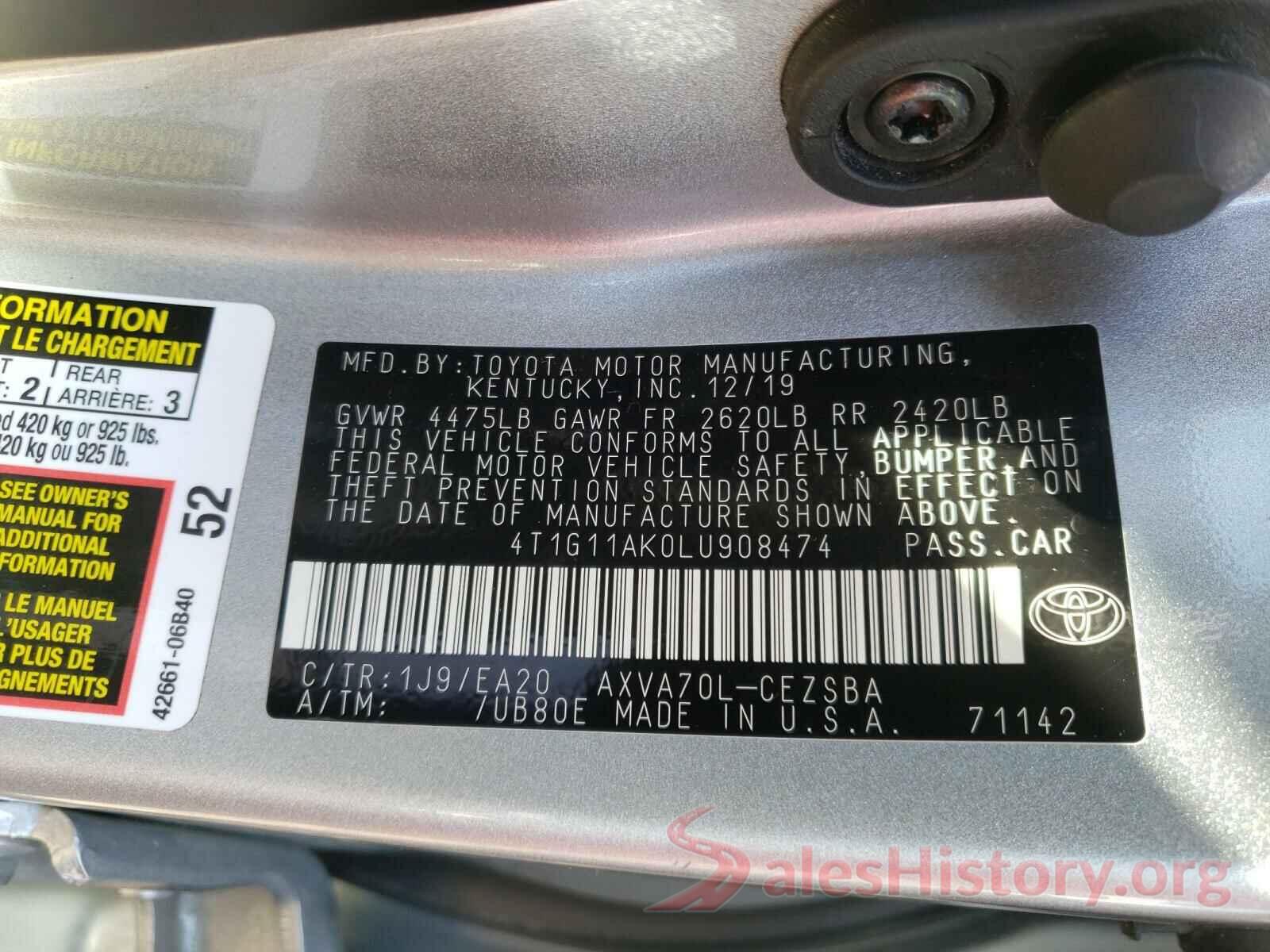 4T1G11AK0LU908474 2020 TOYOTA CAMRY