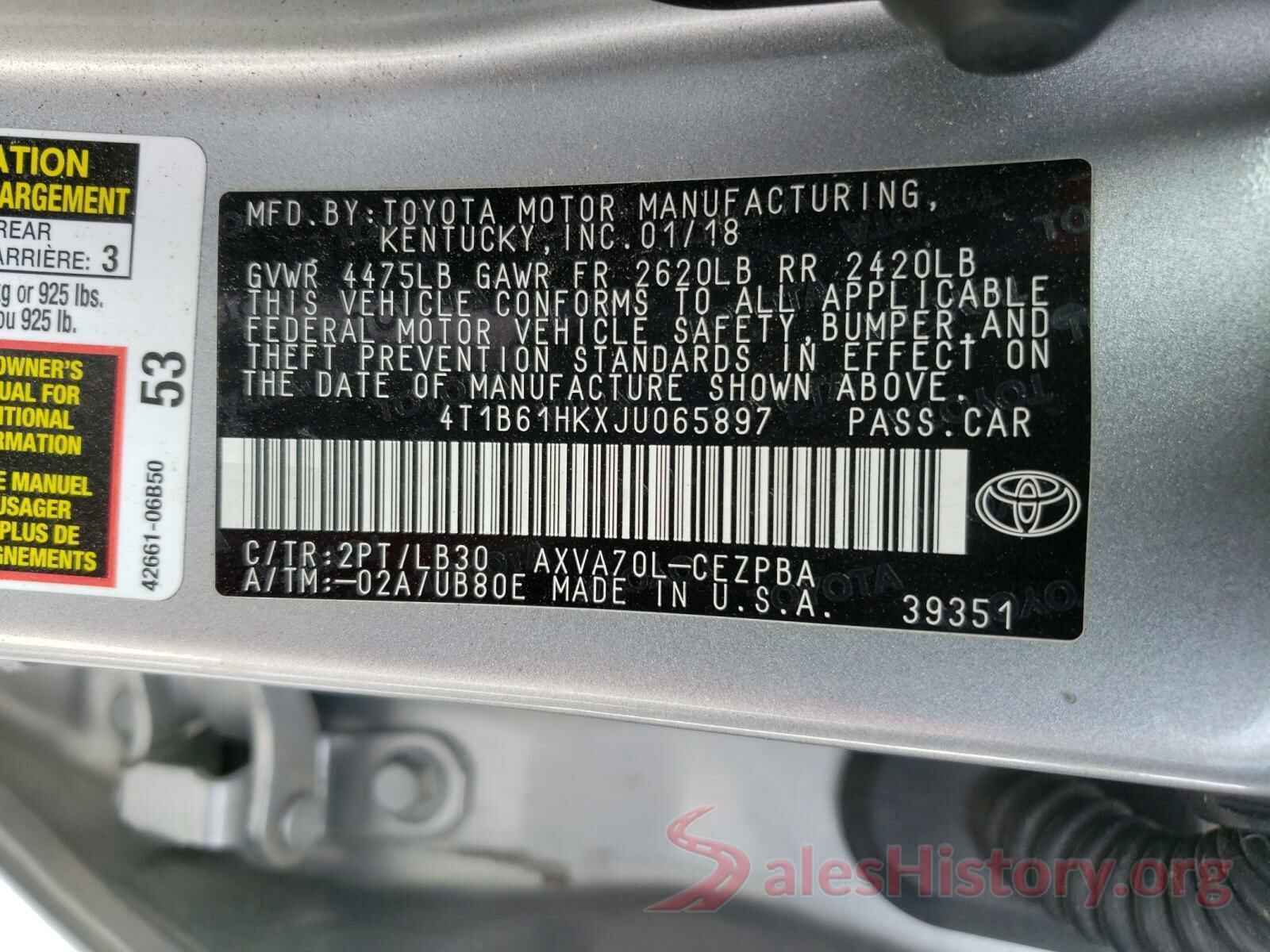 4T1B61HKXJU065897 2018 TOYOTA CAMRY