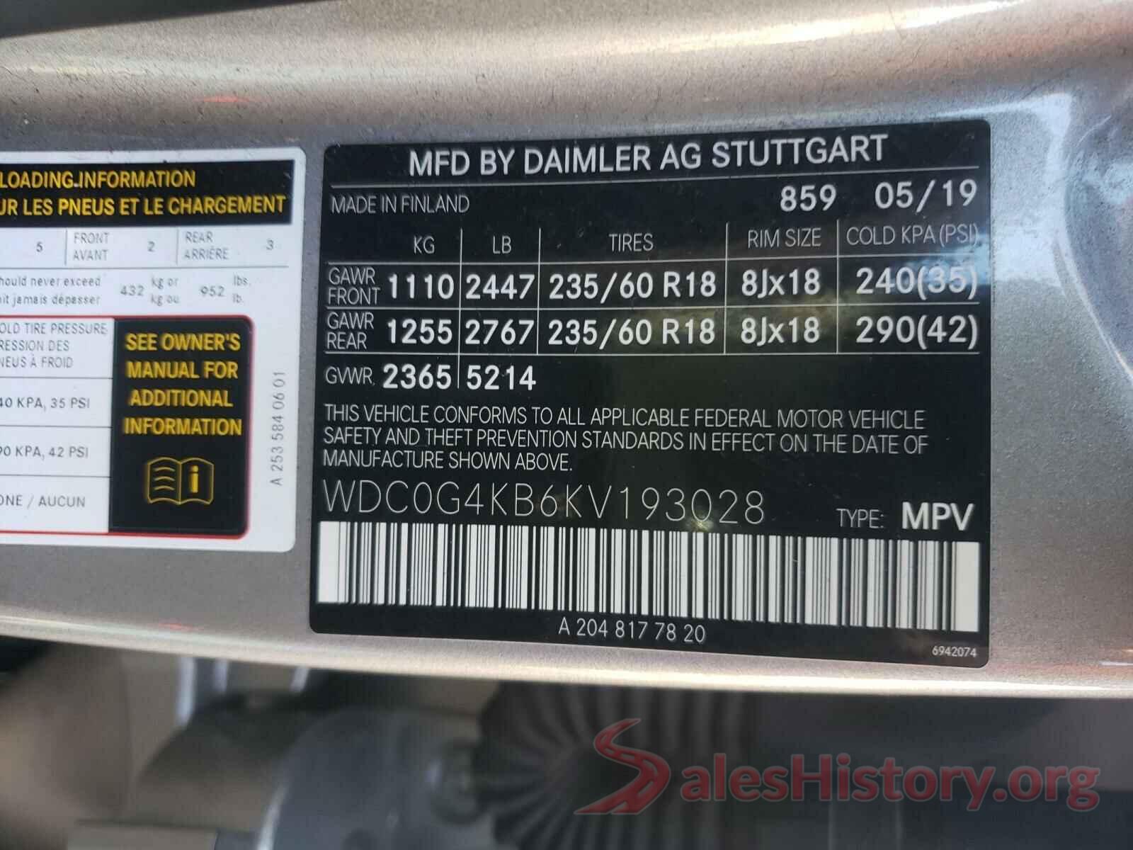 WDC0G4KB6KV193028 2019 MERCEDES-BENZ G CLASS