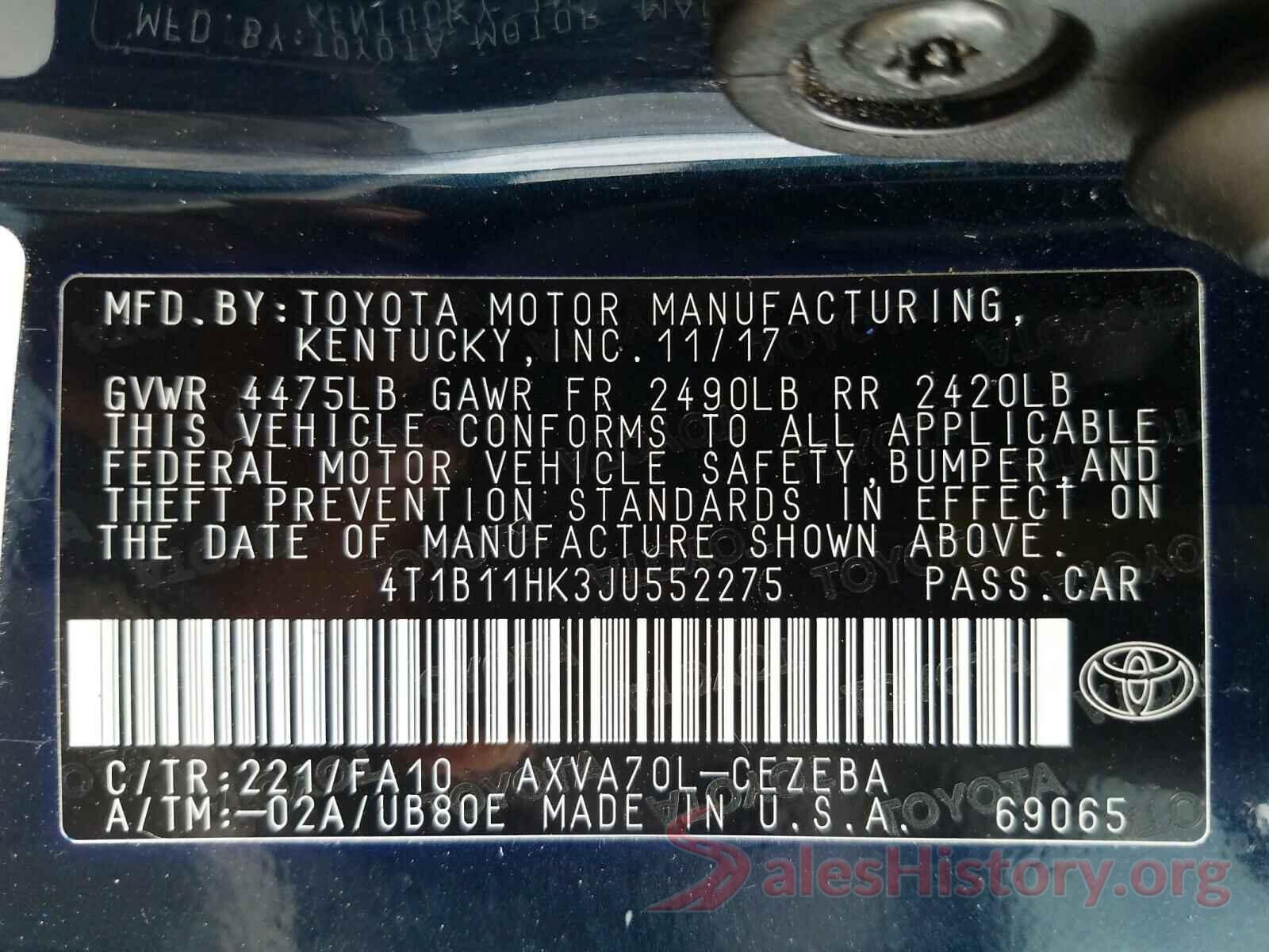 4T1B11HK3JU552275 2018 TOYOTA CAMRY