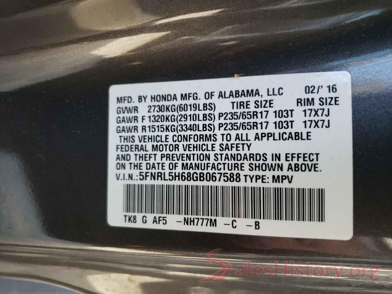 5FNRL5H68GB067588 2016 HONDA ODYSSEY