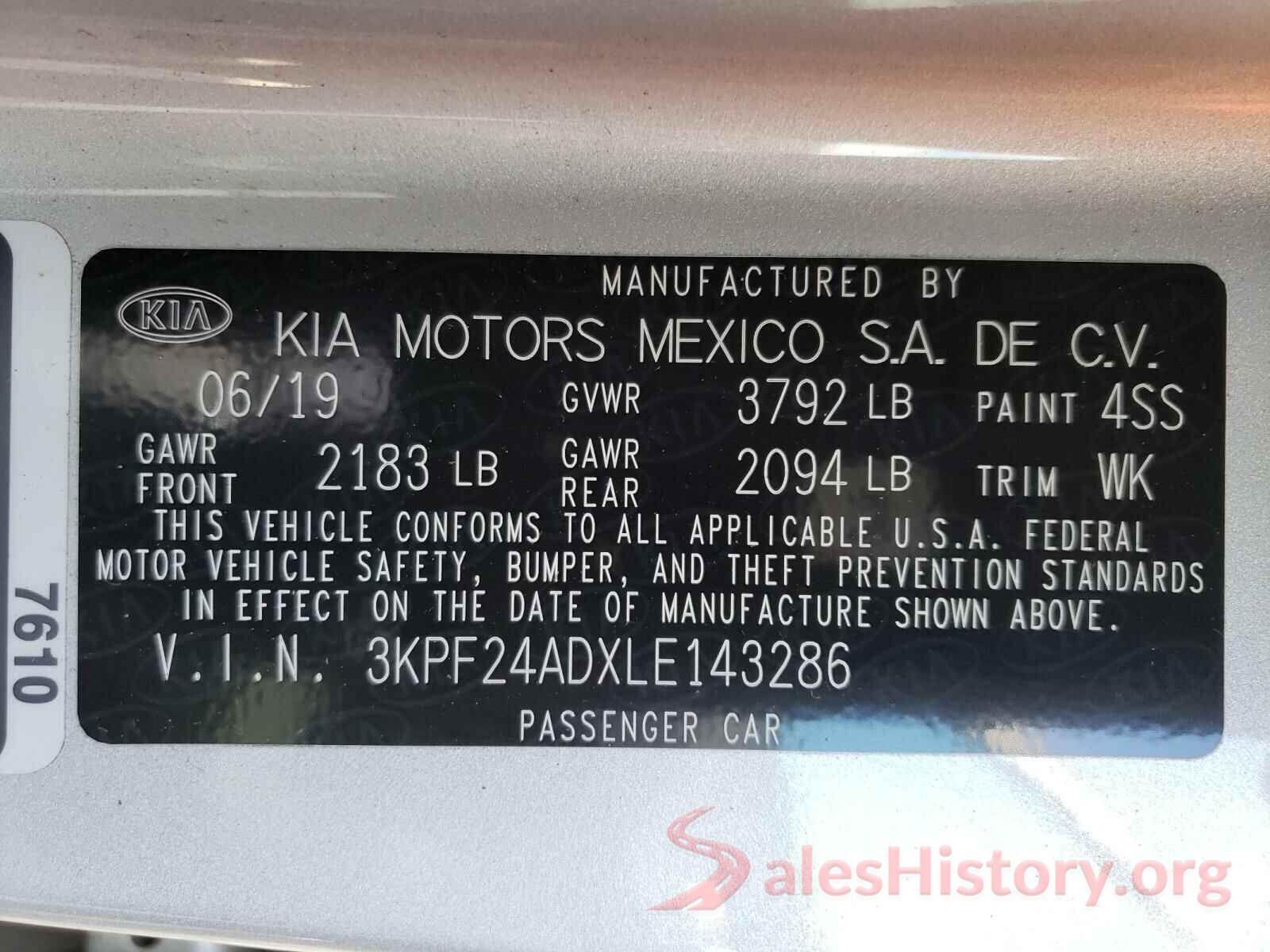 3KPF24ADXLE143286 2020 KIA FORTE