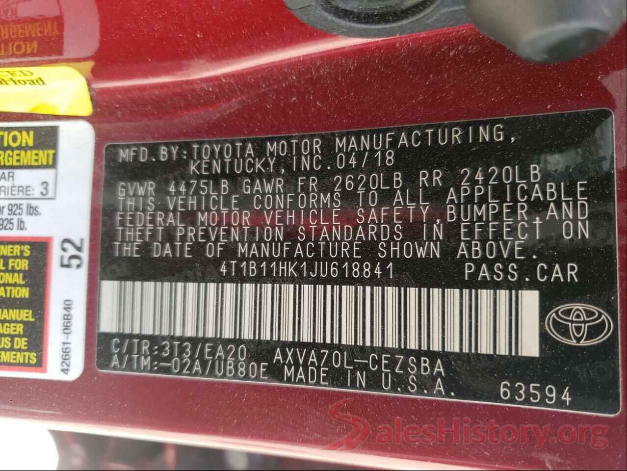 4T1B11HK1JU618841 2018 TOYOTA CAMRY