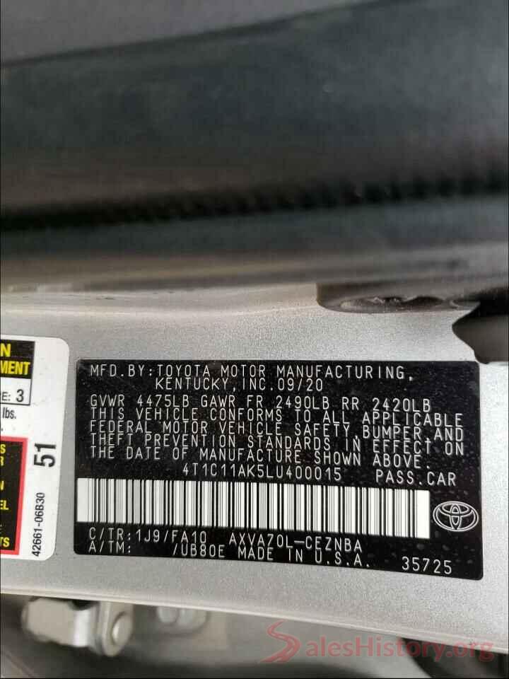 4T1C11AK5LU400015 2020 TOYOTA CAMRY