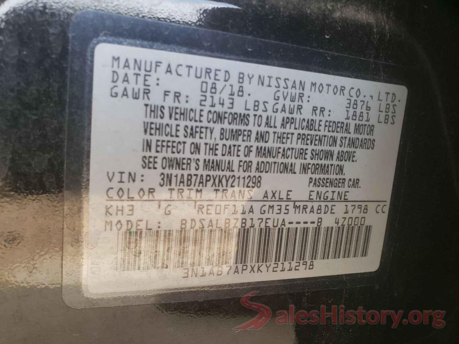 3N1AB7APXKY211298 2019 NISSAN SENTRA