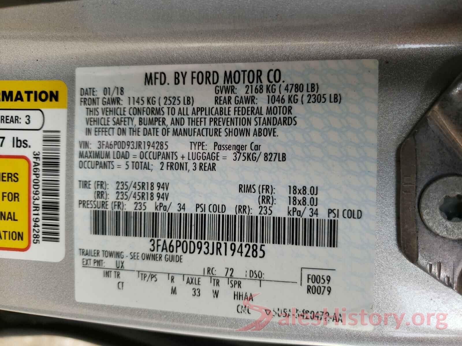 3FA6P0D93JR194285 2018 FORD FUSION