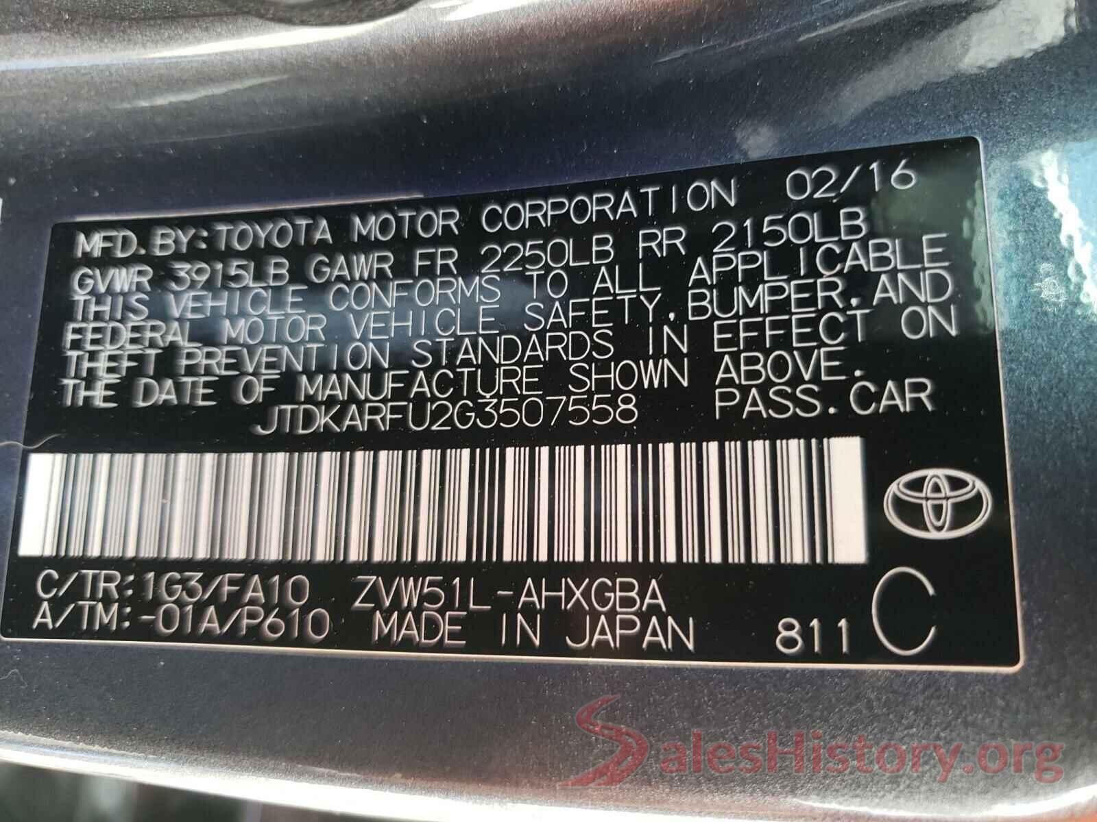 JTDKARFU2G3507558 2016 TOYOTA PRIUS