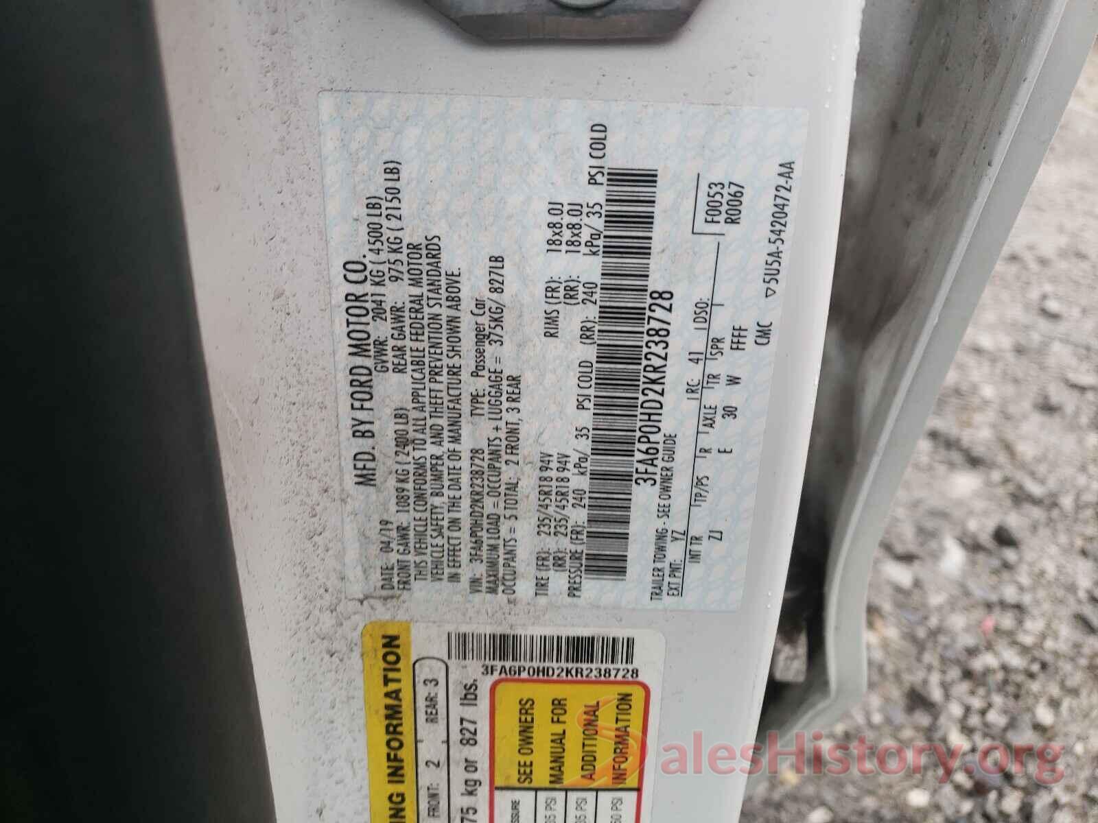 3FA6P0HD2KR238728 2019 FORD FUSION