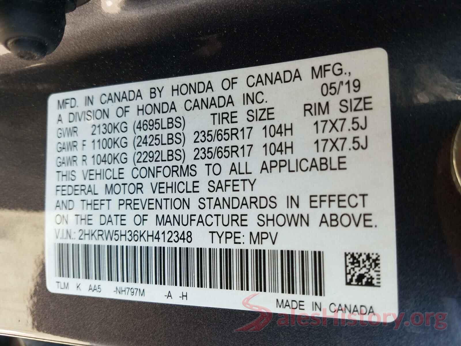 2HKRW5H36KH412348 2019 HONDA CRV