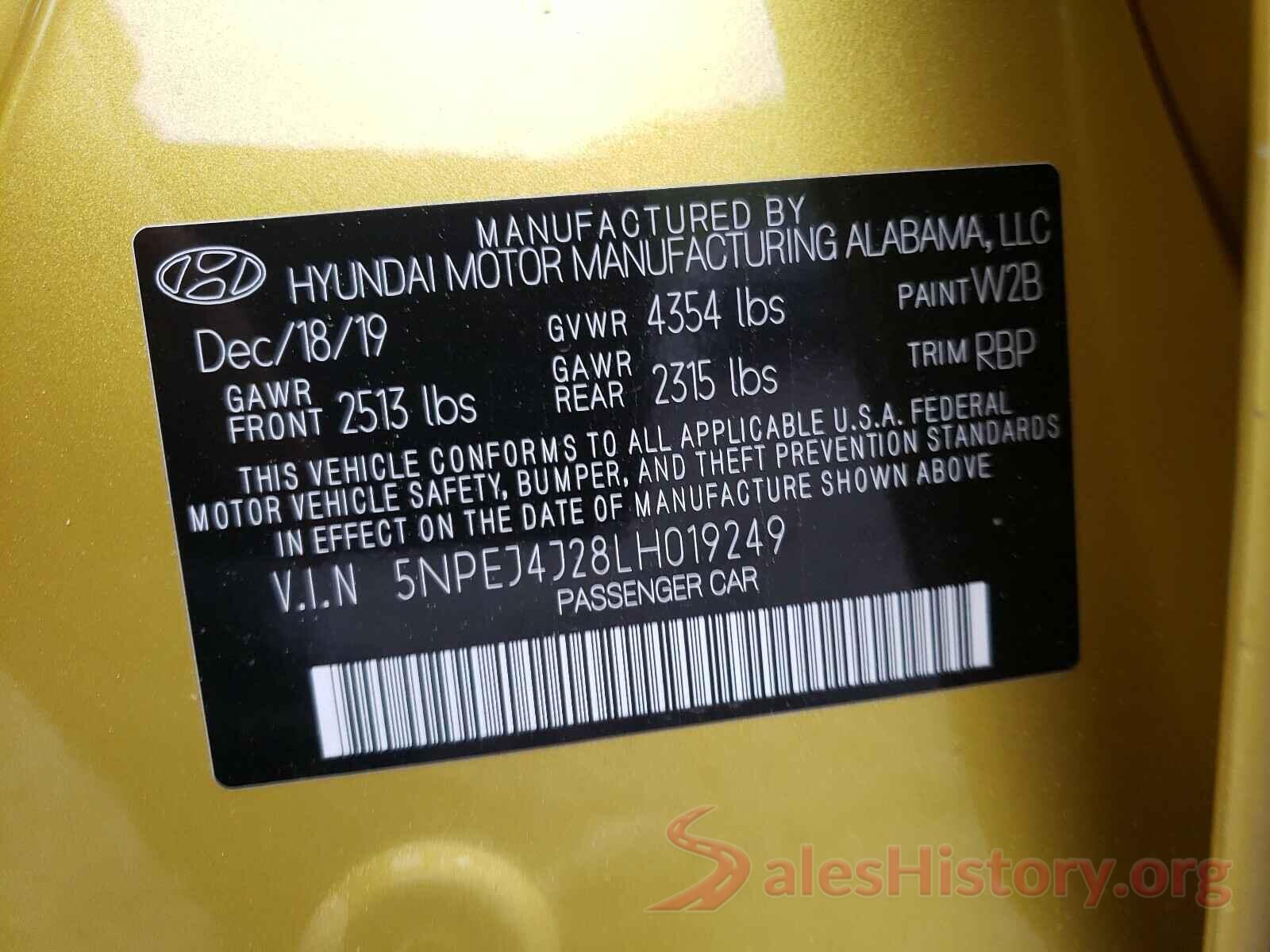 5NPEJ4J28LH019249 2020 HYUNDAI SONATA