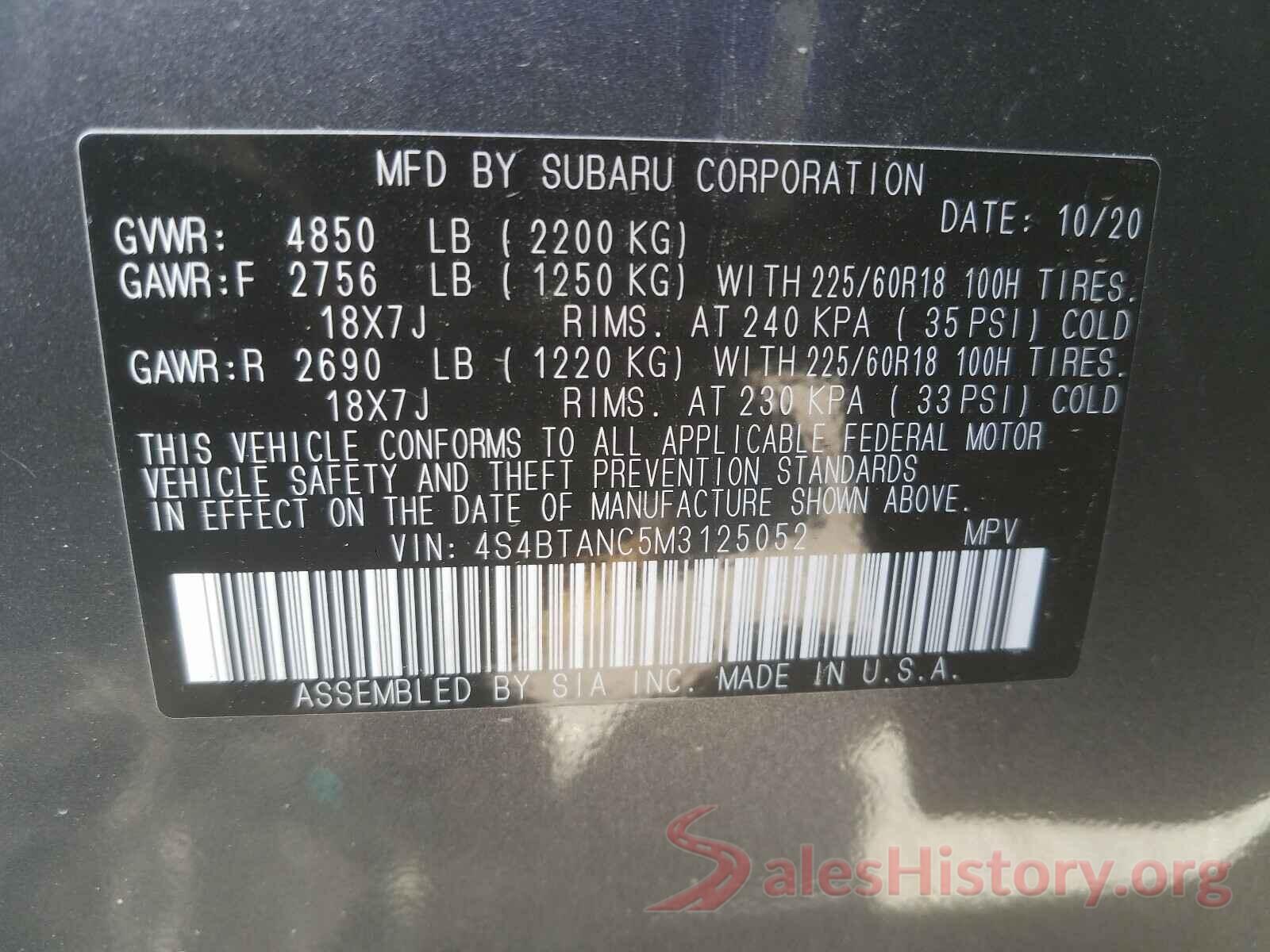 4S4BTANC5M3125052 2021 SUBARU OUTBACK