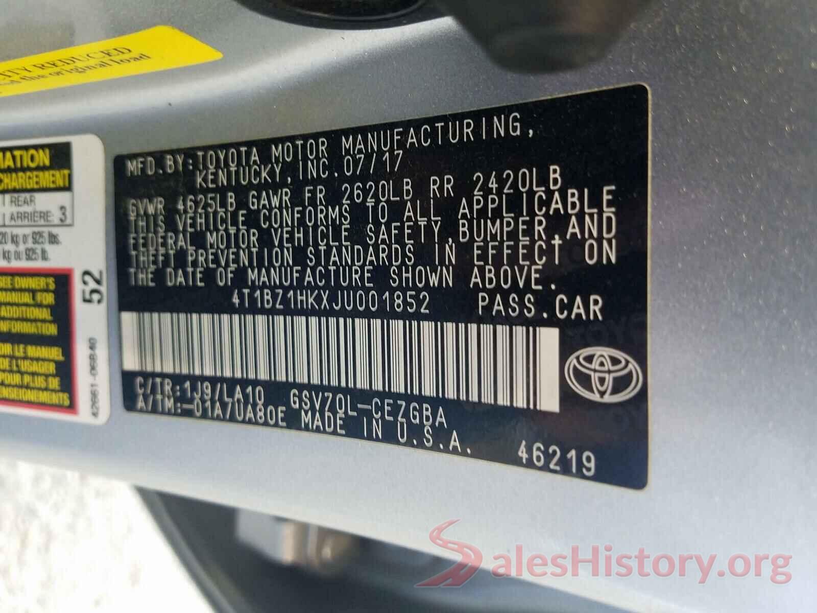 4T1BZ1HKXJU001852 2018 TOYOTA CAMRY