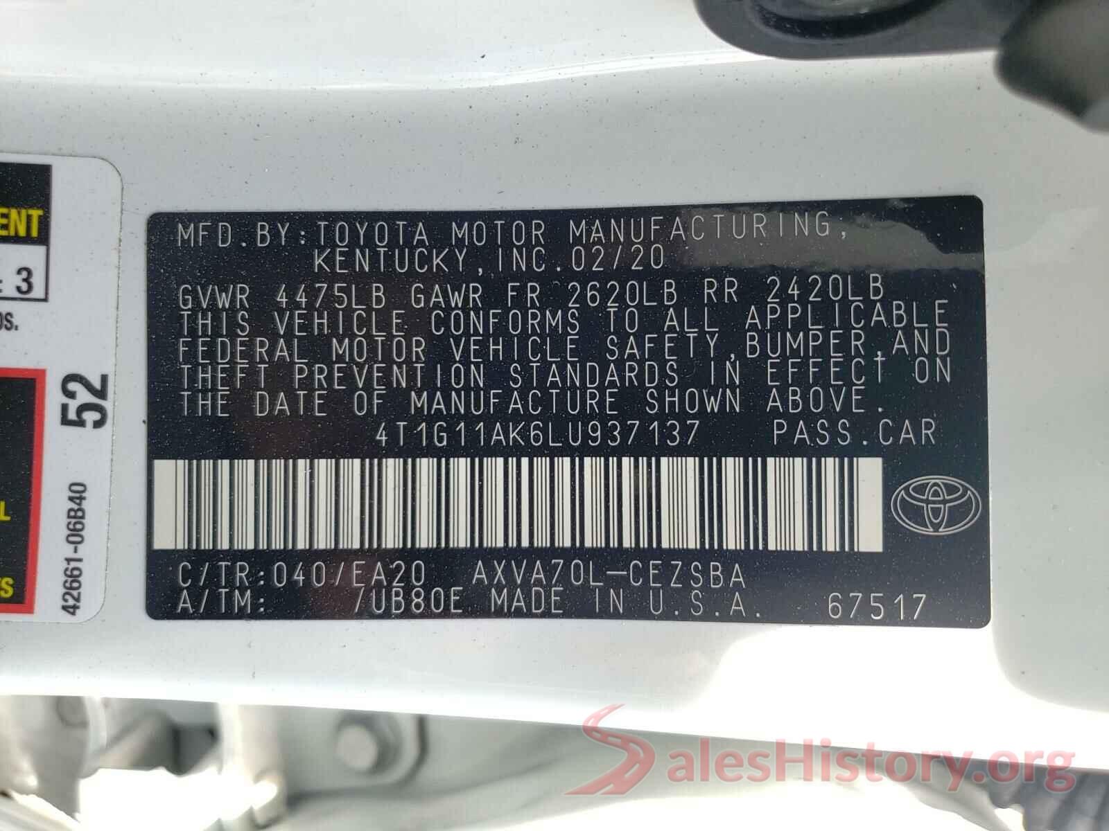 4T1G11AK6LU937137 2020 TOYOTA CAMRY