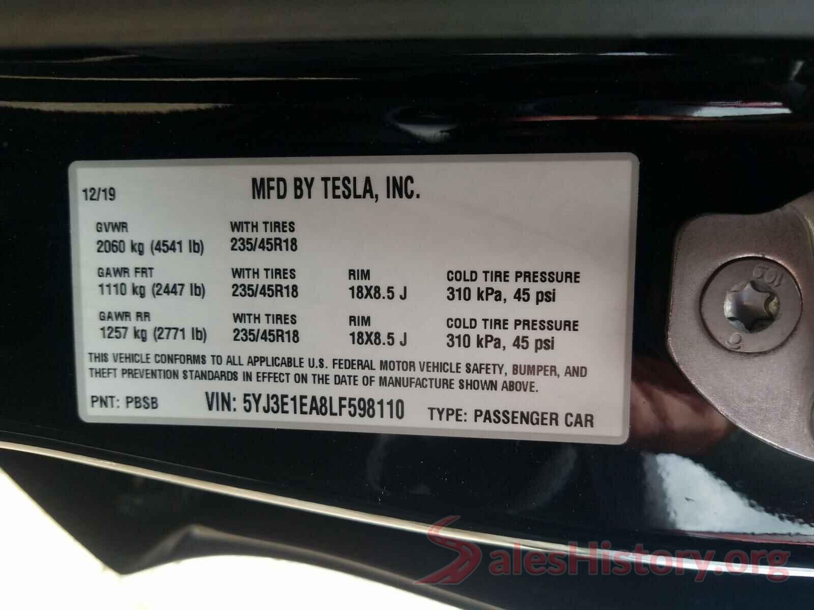 5YJ3E1EA8LF598110 2020 TESLA MODEL 3