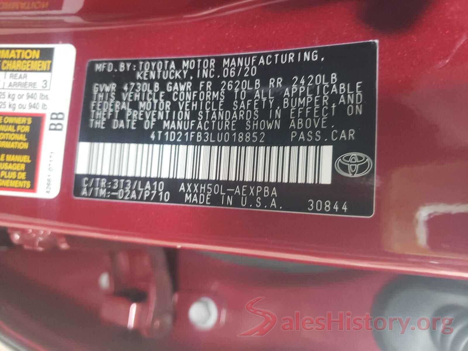 4T1D21FB3LU018852 2020 TOYOTA AVALON