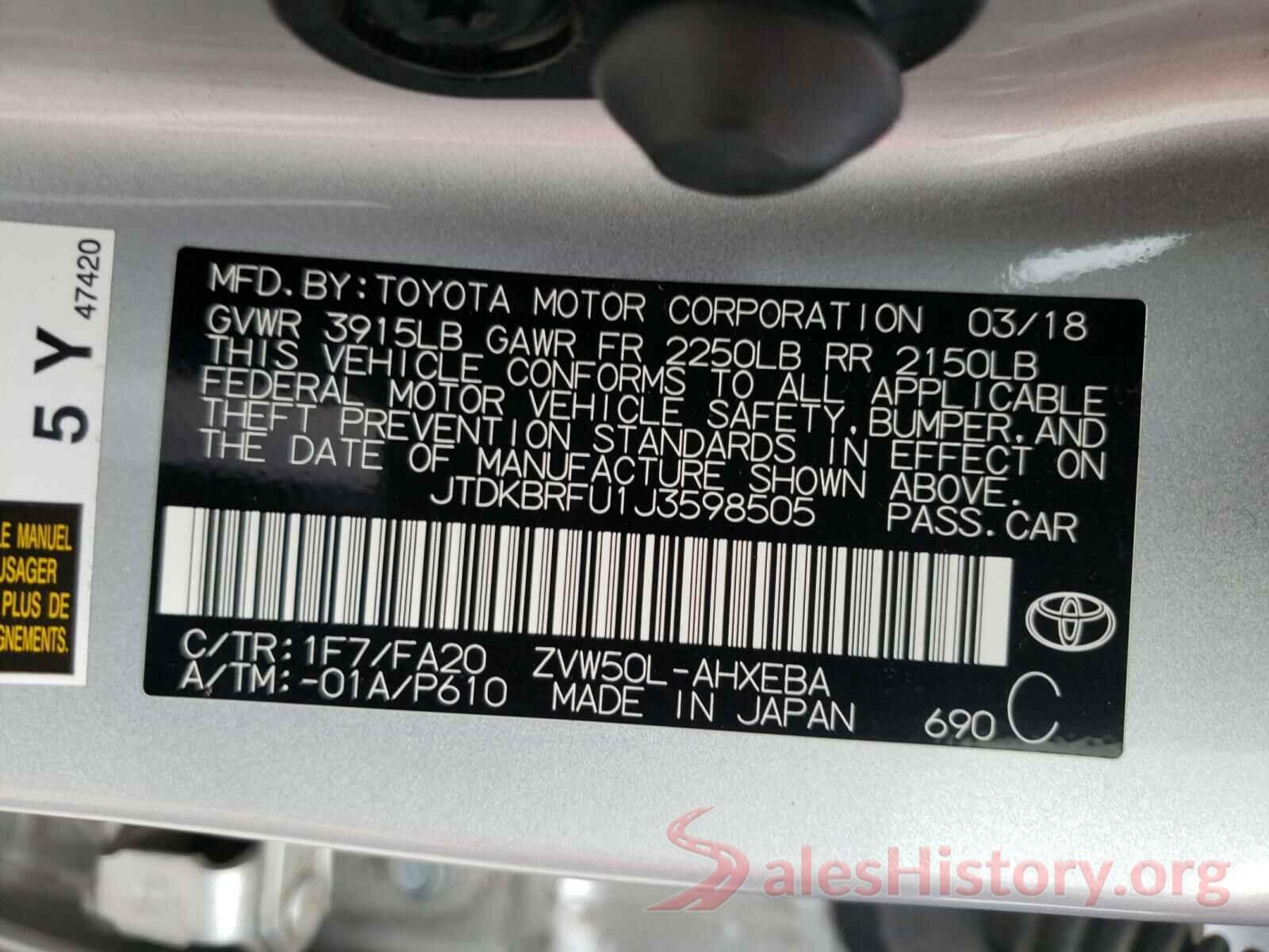 JTDKBRFU1J3598505 2018 TOYOTA PRIUS