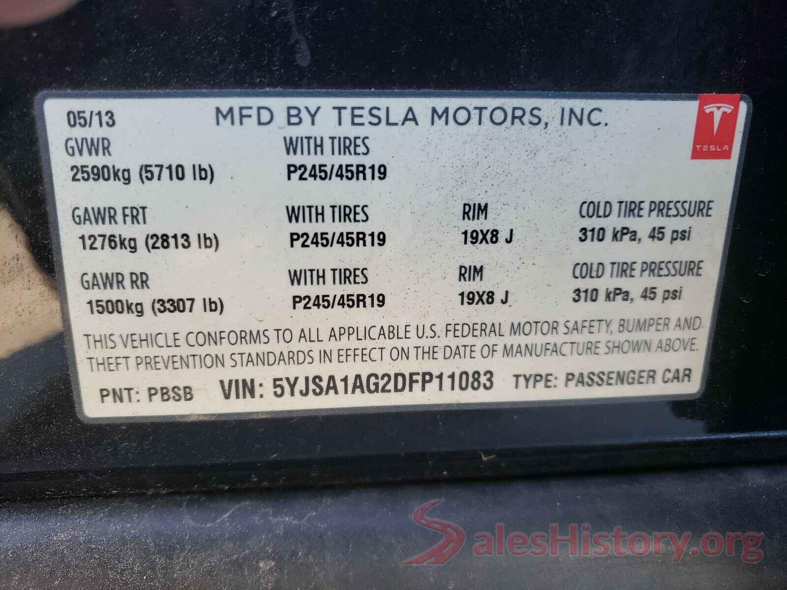 5YJSA1AG2DFP11083 2013 TESLA MODEL S