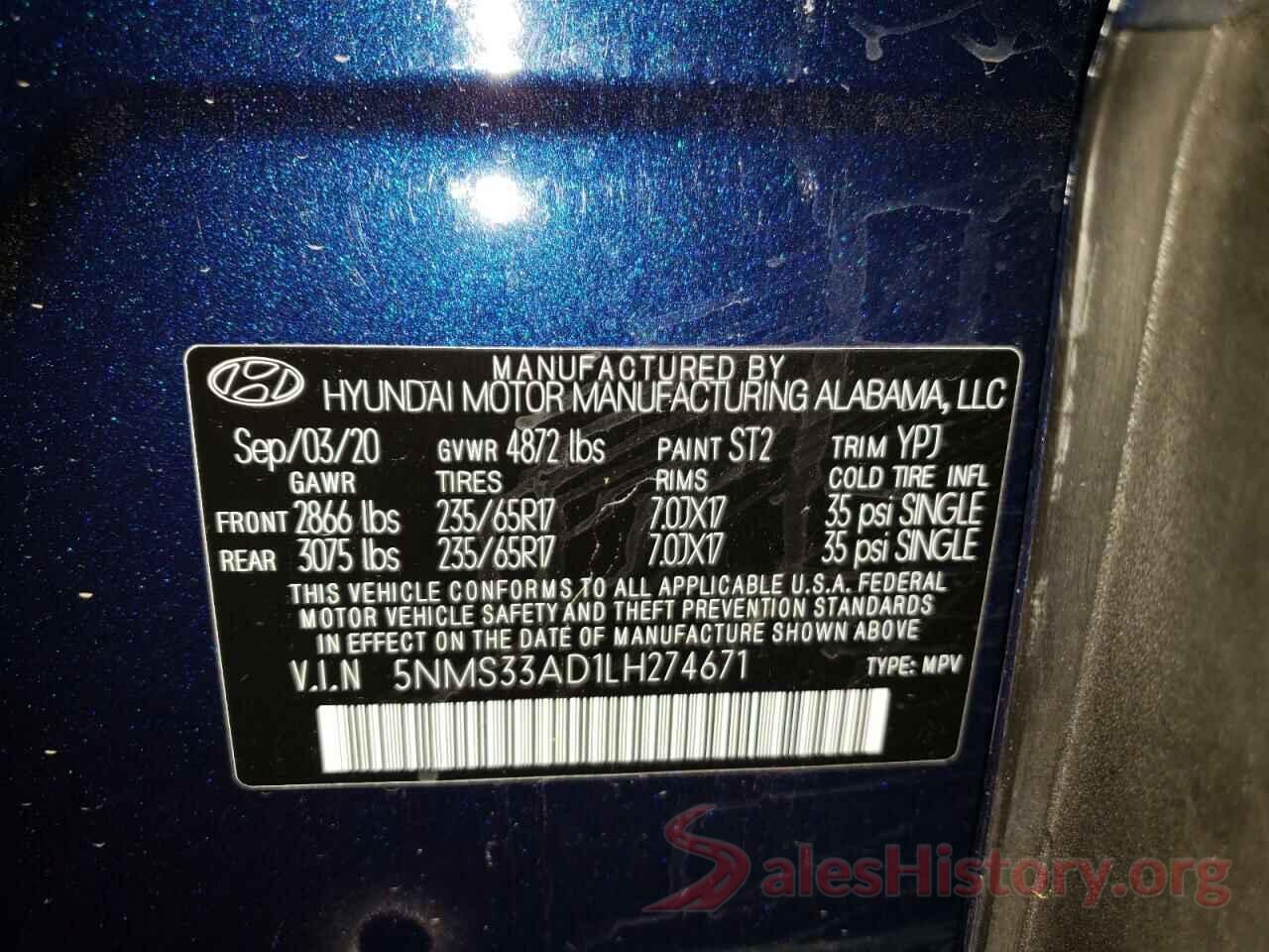 5NMS33AD1LH274671 2020 HYUNDAI SANTA FE