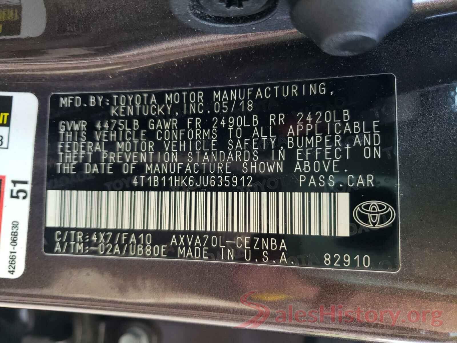 4T1B11HK6JU635912 2018 TOYOTA CAMRY