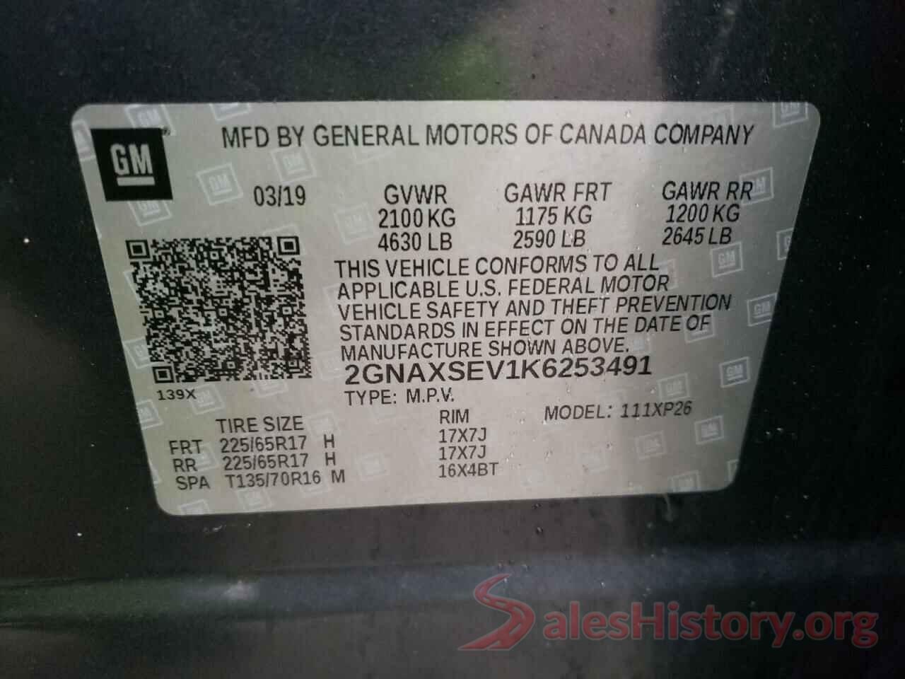 2GNAXSEV1K6253491 2019 CHEVROLET EQUINOX