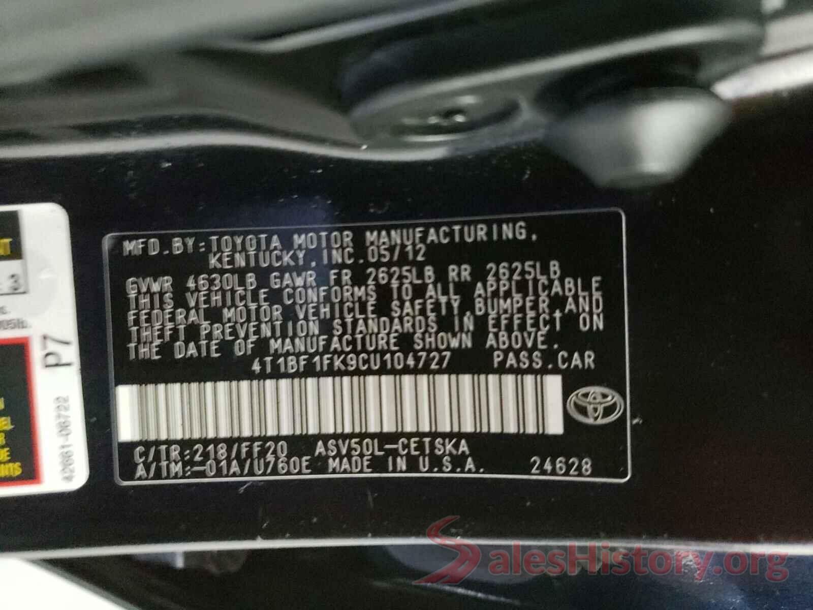 4T1BF1FK9CU104727 2012 TOYOTA CAMRY