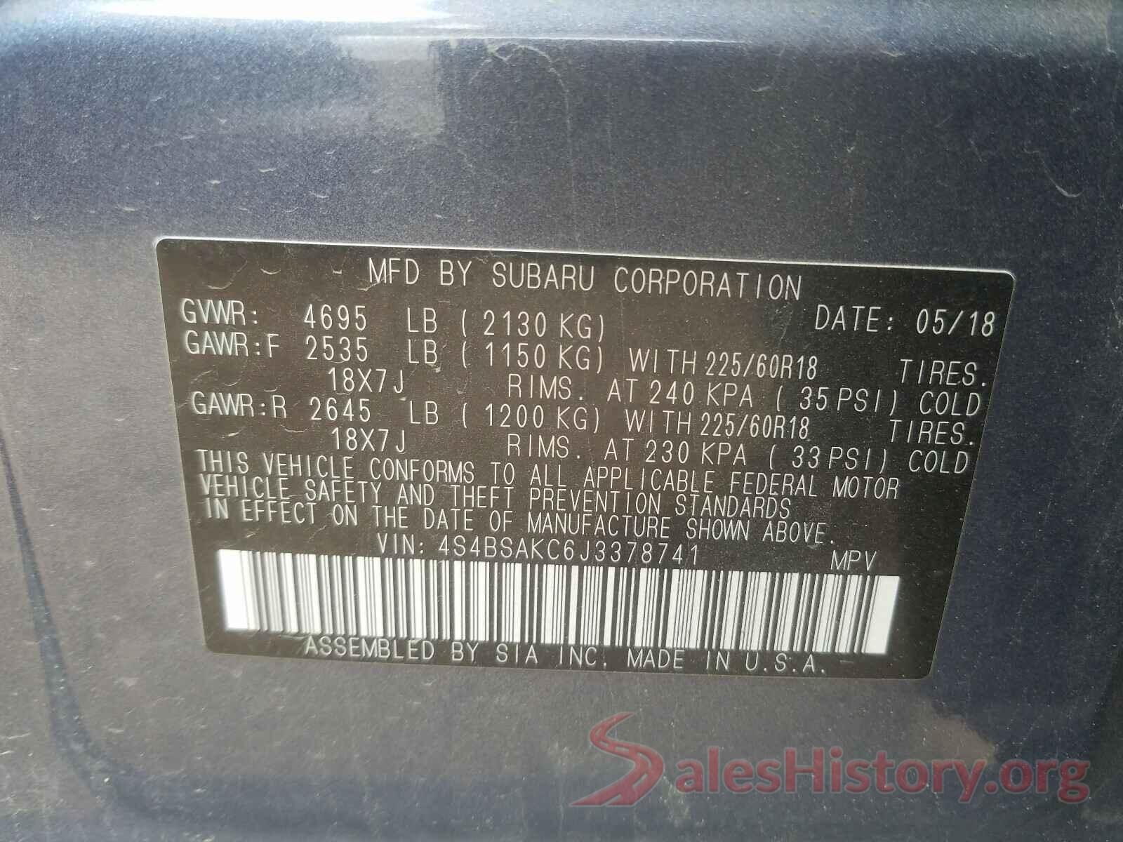 4S4BSAKC6J3378741 2018 SUBARU OUTBACK