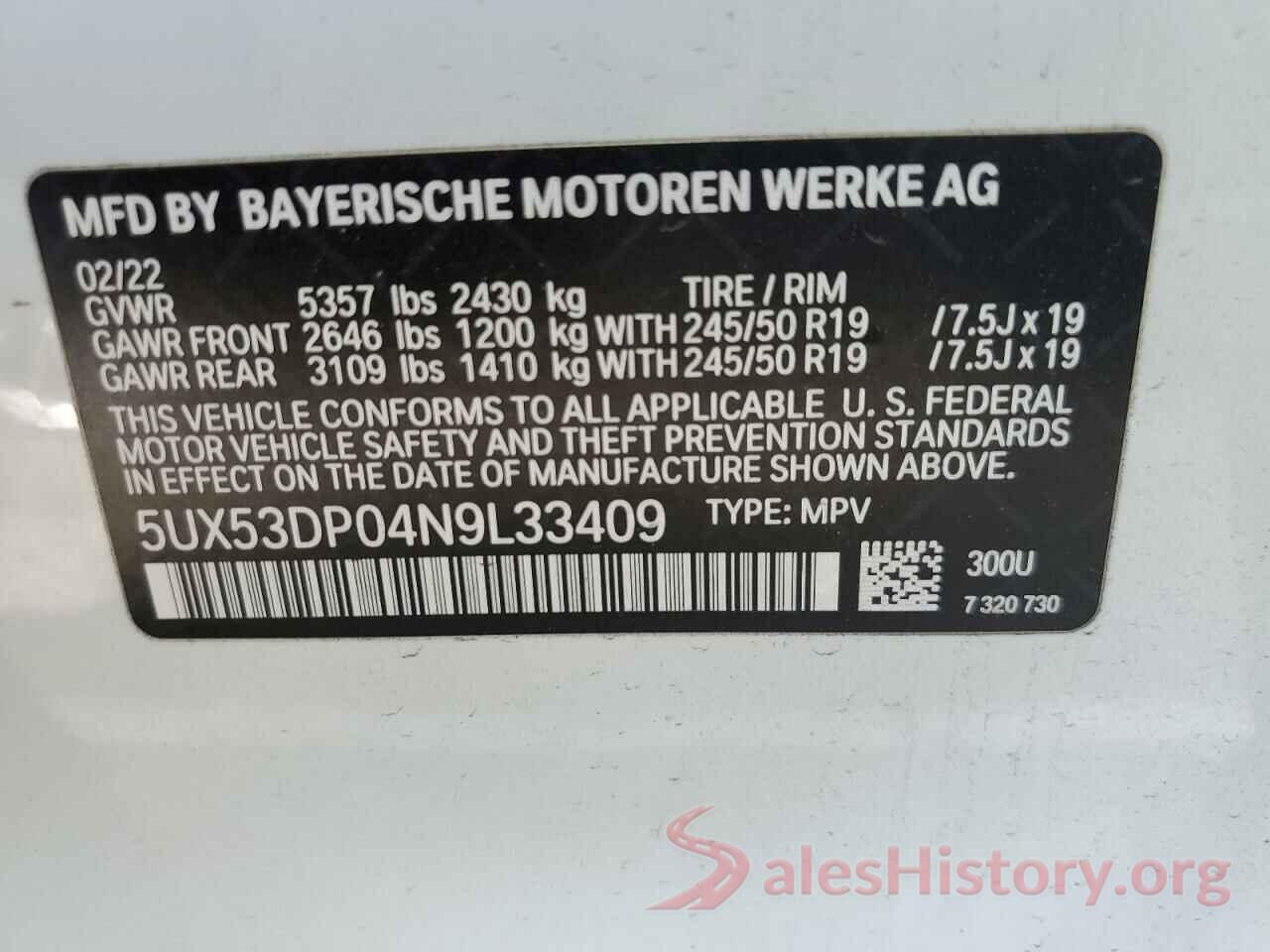 5UX53DP04N9L33409 2022 BMW X3