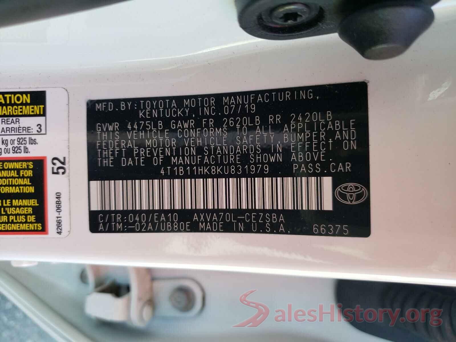 4T1B11HK8KU831979 2019 TOYOTA CAMRY