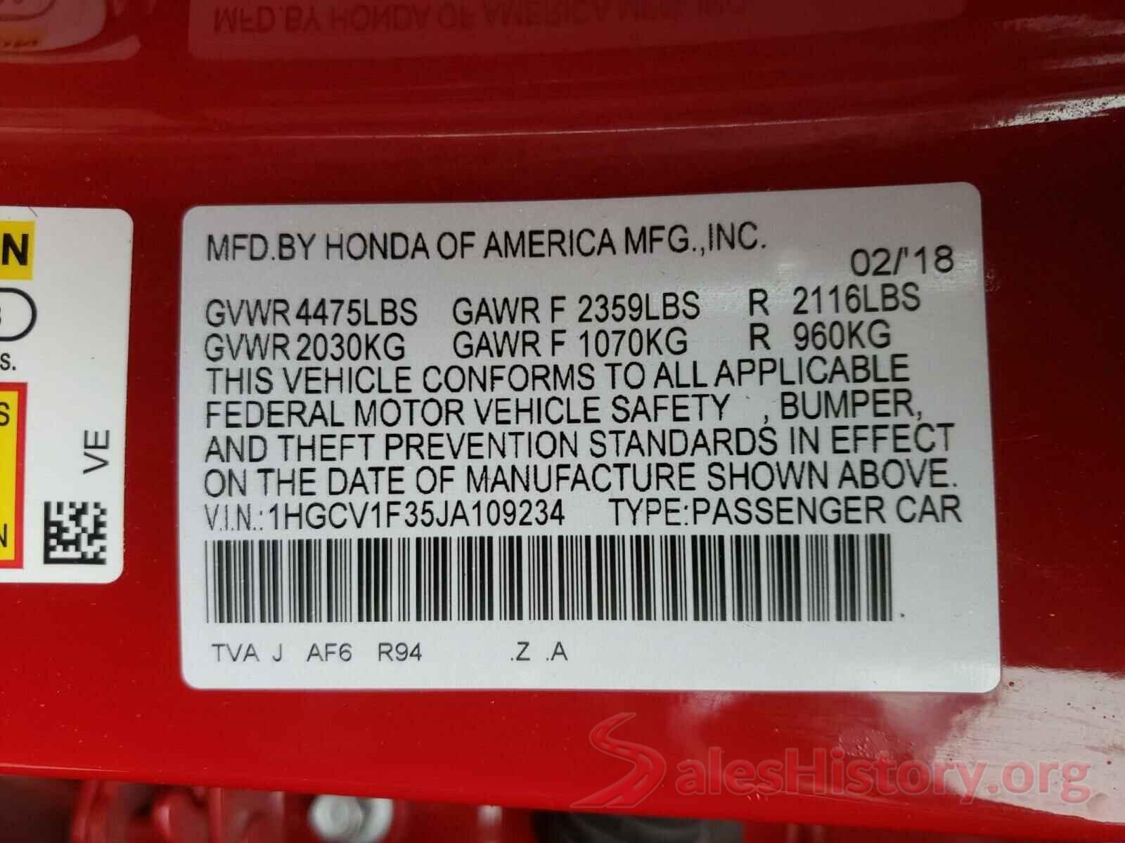 1HGCV1F35JA109234 2018 HONDA ACCORD