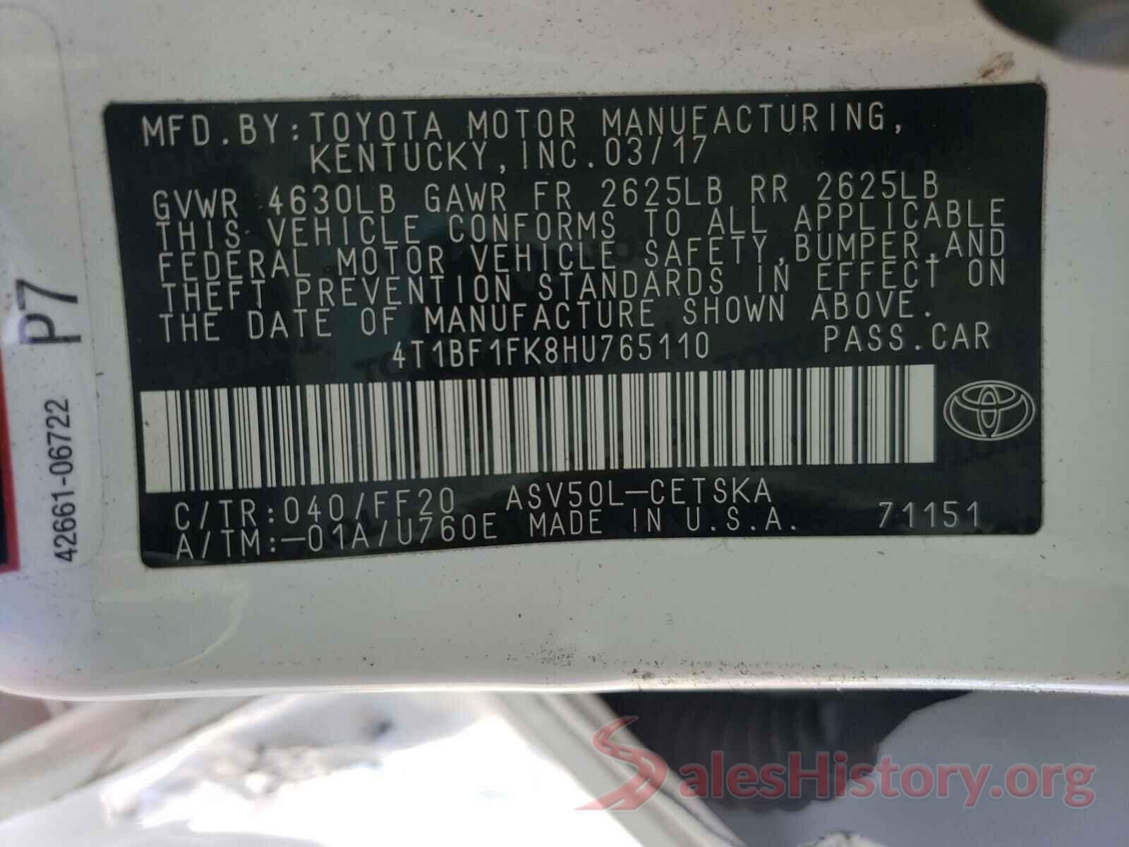 4T1BF1FK8HU765110 2017 TOYOTA CAMRY