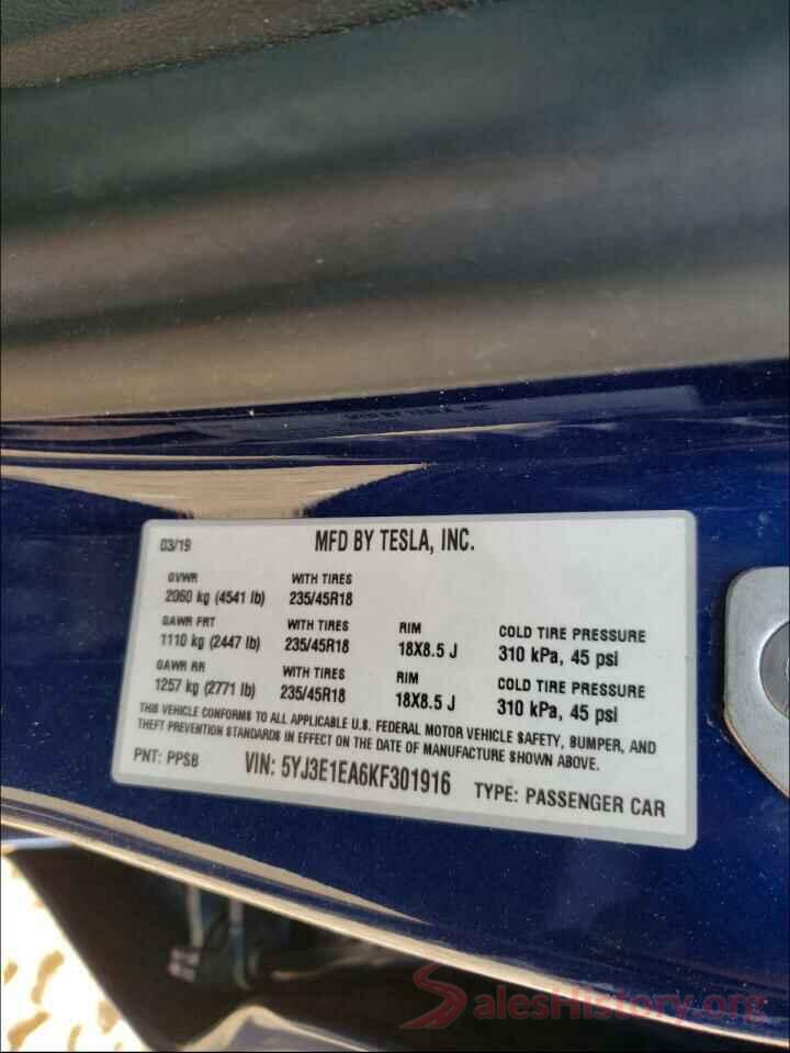 5YJ3E1EA6KF301916 2019 TESLA MODEL 3