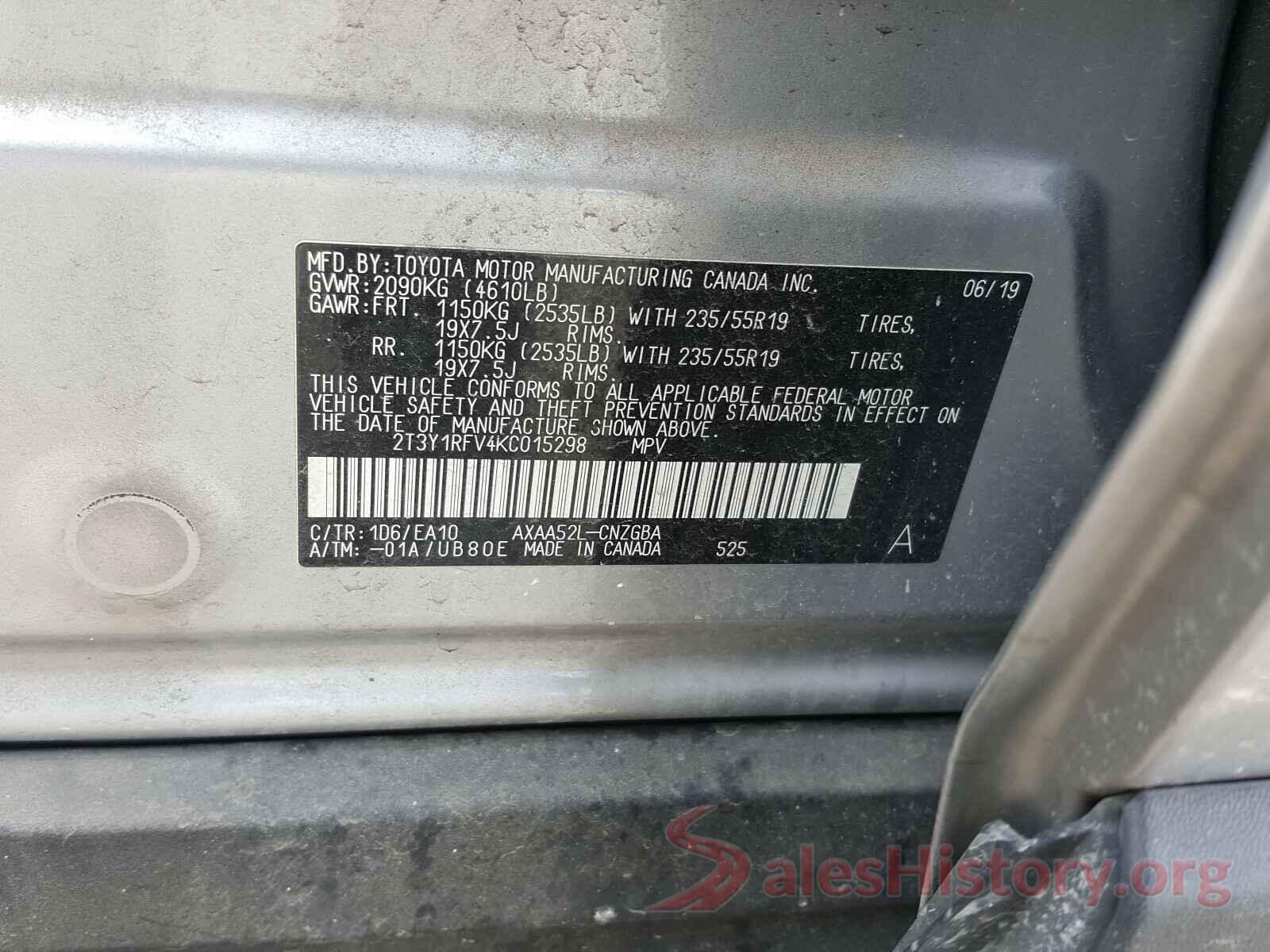 2T3Y1RFV4KC015298 2019 TOYOTA RAV4